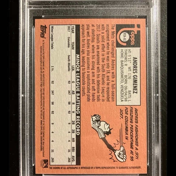 2018 Topps Heritage Minor League Andres Gimenez Real One Autographs #AG PSA 10 - Picture 4 of 4